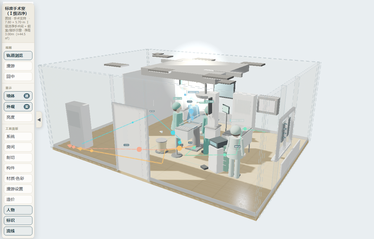 标准手术室3D信息模型界面，含模型视区、左侧视图与工具面板、顶部模型操作栏